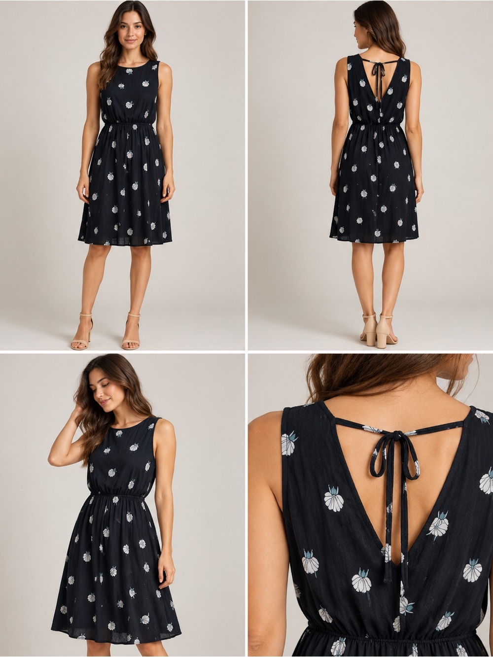 LOFT Black Sleeveless Floral Tie-Back Dress